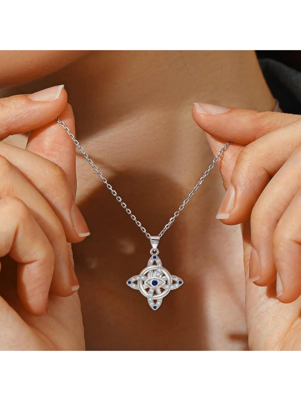 Celtic Knot Sterling Silver Necklace with Blue CZ Evil Eye Pendant - Irish - Picture 5 of 6